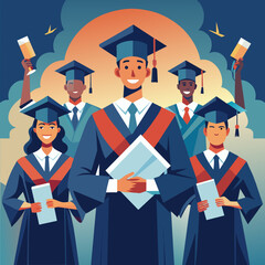 A graduation ceremony with students proudly holding their diplomas. vektor illustation