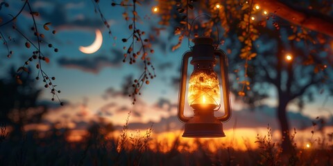Twilight whispers among the blooms with a warm lantern glow under a crescent moon - obrazy, fototapety, plakaty