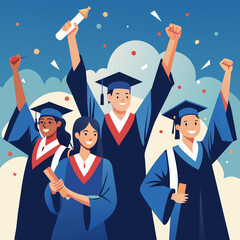 A group of students celebrating their graduation with a joyous ceremony. vektor illustation