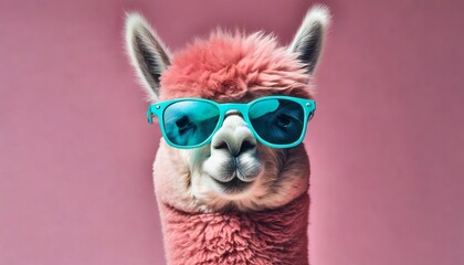 pink alpaca wearing turquoise sunglasses on pink background