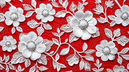 Möbelaufkleber Close up of delicate white paper flowers against a vibrant red background, creating a beautiful floral display © VICHIZH