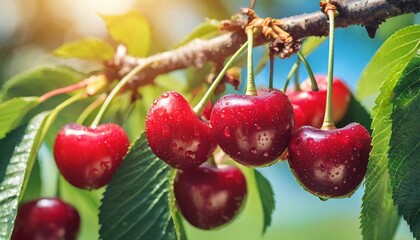 cherries hanging on a cherry tree branch