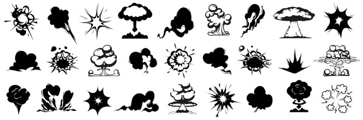 Explosions cloud collection in black. Explosion, burst fire effect of exploded dynamite or nuclear bombs icons collection - obrazy, fototapety, plakaty