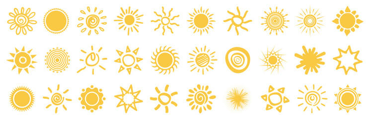 Sun icon collection. Set of abstract sun icons in hand drawing style. Sun sign collection. Sun icons set