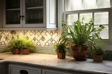 Sunlit Kitchen Herb Plant Mosaic Tile Backsplash Ideas - Window View Configuration