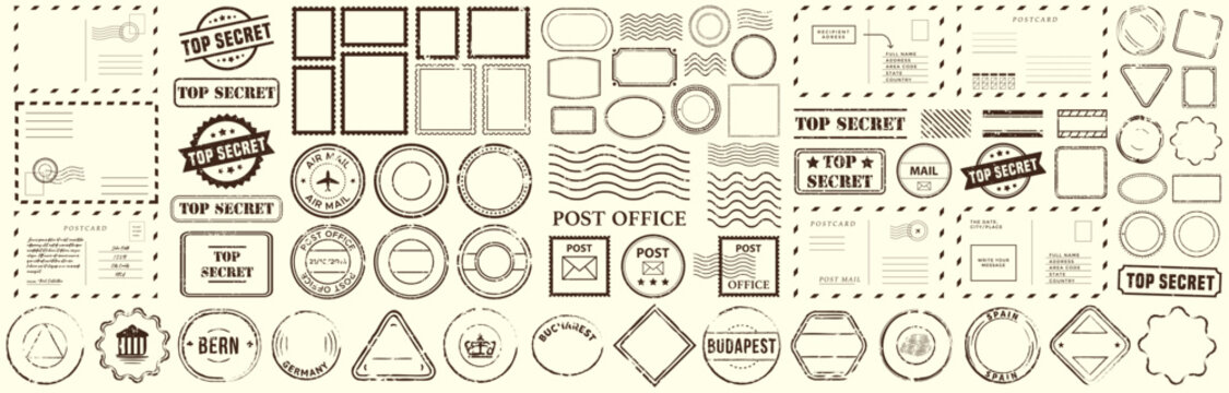 Grunge postage stamp collection. Set of post stamp. Retro grunge postmark. Vintage grunge postage stamp