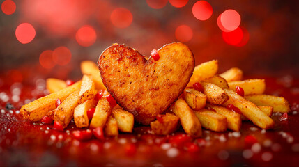 tas de frites et pomme de terre en forme de cœur sur fond rouge - obrazy, fototapety, plakaty
