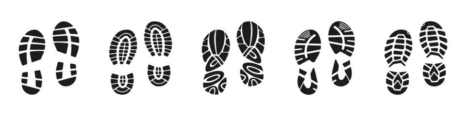 Boots footprints human shoes icon collection. Set of black prints of shoes. Black imprint soles shoes icon collection. Set of footprints stamped icons - obrazy, fototapety, plakaty