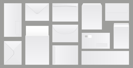 Blank post envelope collection. Set of realistic white envelopes template. Blank paper envelopes. Folded and unfolded white envelope collection