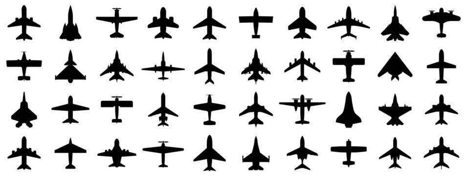 Black airplane icon collection. Set of black plane silhouette icon. Aircraft, plane, airplane, jet icon collection
