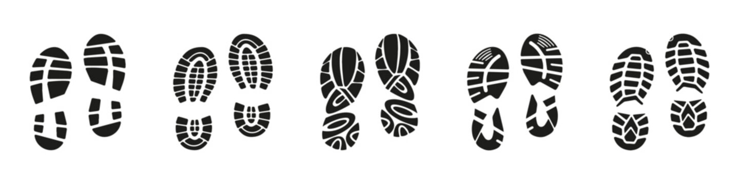 Boots footprints human shoes icon collection. Set of black prints of shoes. Black imprint soles shoes icon collection. Set of footprints stamped icons