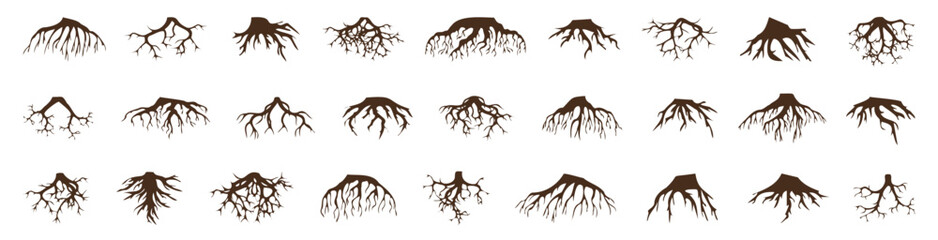 Tree roots silhouette collection. Set of brown tree roots silhouettes. Tree root logo collection