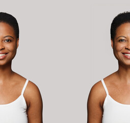 Good-looking healthy young and senior women smiling on white background. Aging, cosmetology,...