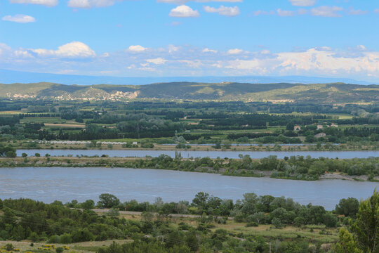 Provencal landscape in Beaucaire with the Rhone river, or Rhône. Picture taken from the abey of saint-Roman.