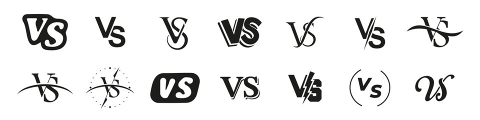 Versus logo for competition, championship. Set of versus icons in black. Compare template for game, battle and sport. VS letters logo collection. Black versus logo letters