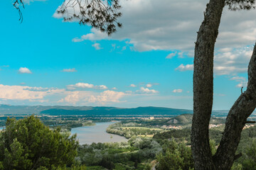 Fototapeta na wymiar Provencal landscape in Beaucaire, Gard, France with the Rhone river, or Rhône. Picture taken from the abey of saint-Roman.