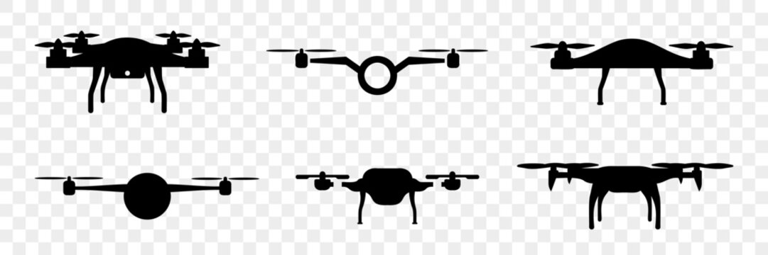 Civilian aerial drone icons in black on a white background. Set of aerial drone silhouette. Logos templates of flying drones. Set of flying drones