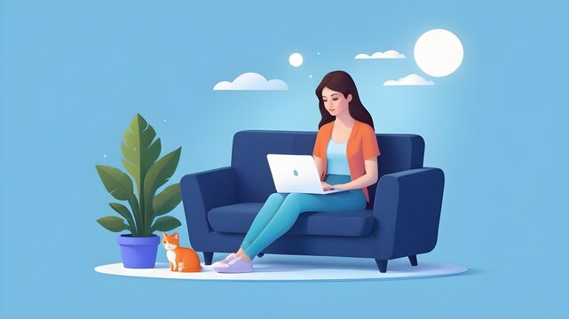 illustration woman working on laptop, work from home ,,Good for image work, office, hiring staff. Vector illustration.