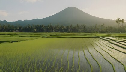 Nature portrait of rice fields and mountains in rural Indonesia with sunrise - obrazy, fototapety, plakaty