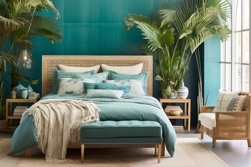 Vibrant Coastal Bohemian Bedroom Interiors in Blue and Green Hues