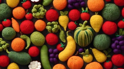 Various toy crochet vegetables on a dark wooden table. Amigurumi toy. Crochet stuffed animals.