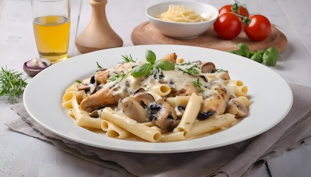 Pasta pene with chicken pieces mushrooms parmesan cheese sauce and herb decoration. Pene con pollo - Italian or medierranean cuisine