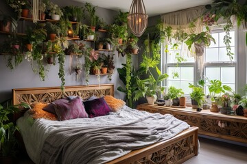 Serene Bohemian Bedroom Interiors with Vibrant Wall-Mounted Plant Decorations