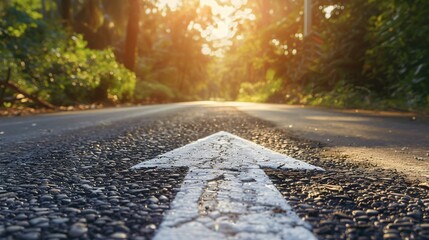Forward pointing painted white arrow offering guidance and indicating the path ahead with simplicity