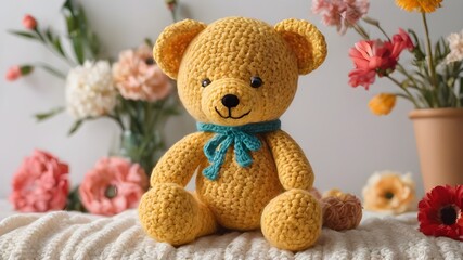 crochet teddy bear and heart ,teddy bear with flower, background ,Hobby needlework concept.