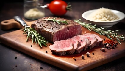 red meat on a chopping board - obrazy, fototapety, plakaty