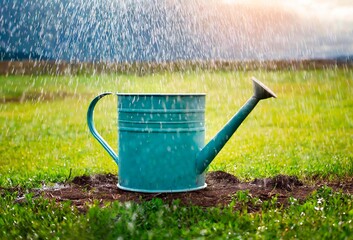 arrosoir sous la pluie au jardin, concept de changement climatique, récupération de l'eau