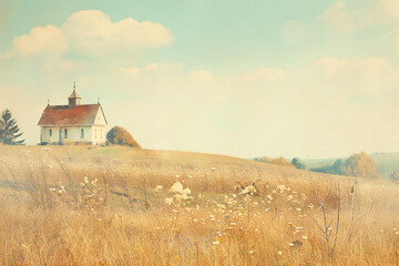 Vintage photo of old church in the field. Retro style