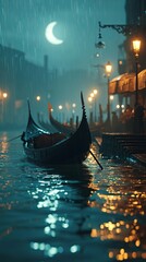 Venetian gondola floating in gentle waters of canal under crescent moon - obrazy, fototapety, plakaty