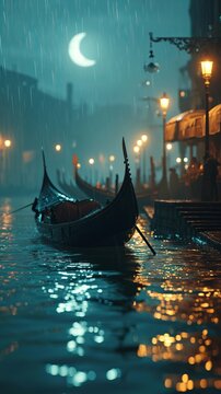 Venetian gondola floating in gentle waters of canal under crescent moon