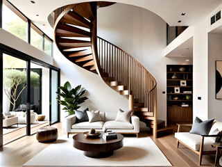 Spiral Staircase Wooden Wonder in Chic Modern Living Space