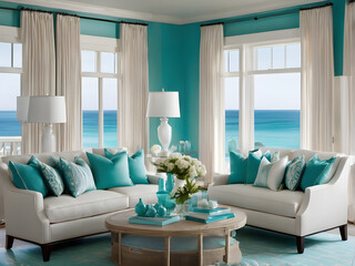 Seaside Serenity: Chic Coastal Living Room, Fabric Sofas Shine