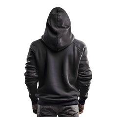 Hooded man in a black sweatshirt on a white background