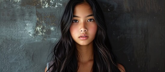 Fototapeta premium A photograph of a confident young Filipina with long black hair standing in front of a wall, serving as an inspiring role model.
