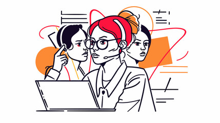  customer care team illustration in vector style with women in glasses, in the style of neo-expressionist bold lines, red and amber, meticulous line work, studyplace, palewave, draftpunk, works progre