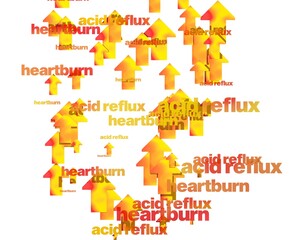 Background 3d illustration of flat fire arrows moving upwards. With the words "acid reflux" and "heartburn." On white background.