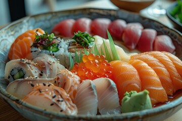 sushi sets and japanese food in a restaurant. ai generated