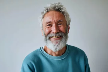 Fotobehang Happy mature old bearded man with dental smile, cool mid aged gray haired older senior hipster wearing blue sweatshirt standing isolated on white background looking at camera, headshot, Generative AI © Kevin