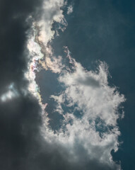 Blue turquoise sky and white and grey clouds. Very bright contrasts. Shades of yellow.