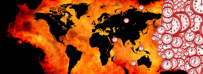  image of a map of the world surrounded on all sides by a raging flame. Silhouette of a man...