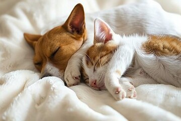 Fototapeta na wymiar Cat and dog sleeping. Pets sleeping embrac