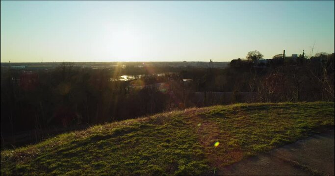 Gimbal shot of the sunset over the James River in Richmond, Virginia
