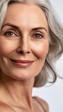 Face close up portrait of happy smiling mid age 50 years old woman isolated on white background. Advertising of facial skin care anti wrinkle tightening lift products, Generative AI