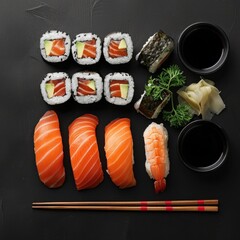 sushi sets and japanese food in a restaurant. ai generated