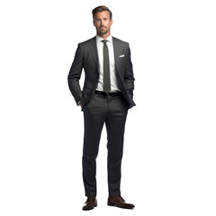 Suave photograph of a well-dressed professional standing isolated on white background