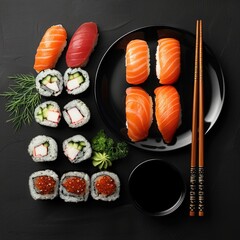 sushi sets and japanese food in a restaurant. ai generated